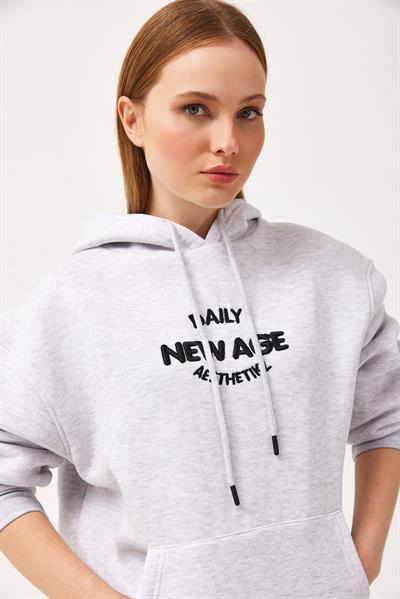 Oversize Kapüşonlu Kanguru Cepli Sweatshirt Gri
