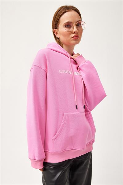 Oversize Kapüşonlu Kanguru Cepli Sweatshirt Pembe