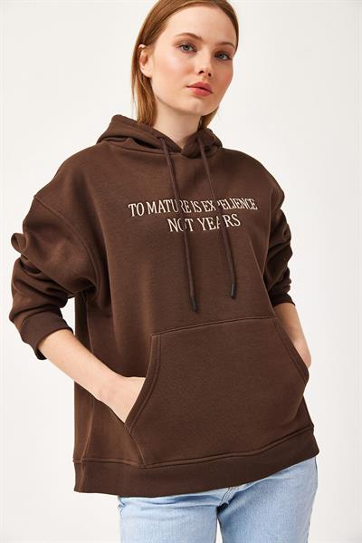 Oversize Kapüşonlu Kanguru Cepli Sweatshirt Kahverengi