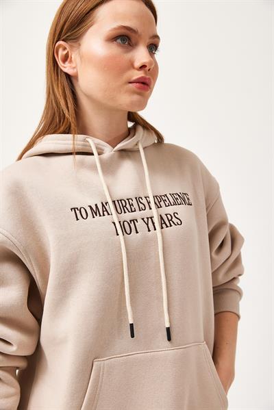 Oversize Kapüşonlu Kanguru Cepli Sweatshirt Bej
