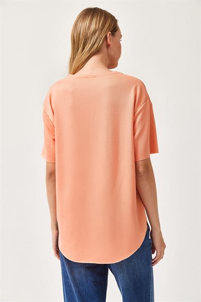Oysh Yumuşak Dokulu Eteği Oval Modal Tshirt Yavruağzı