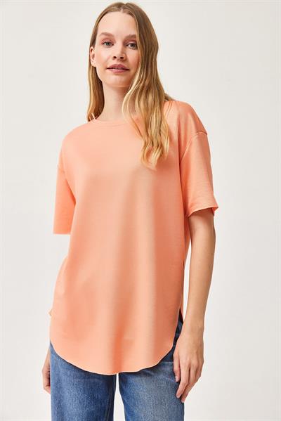 Oysh Yumuşak Dokulu Eteği Oval Modal Tshirt Yavruağzı