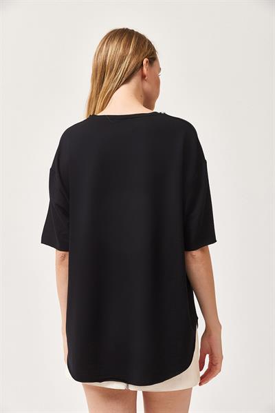 Oysh Yumuşak Dokulu Eteği Oval Modal Tshirt Siyah