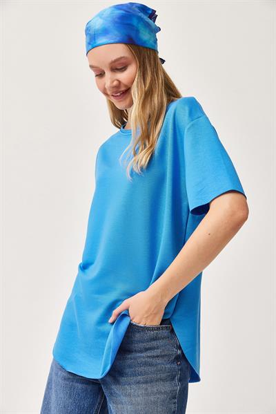 Oysh Yumuşak Dokulu Eteği Oval Modal Tshirt Mavi