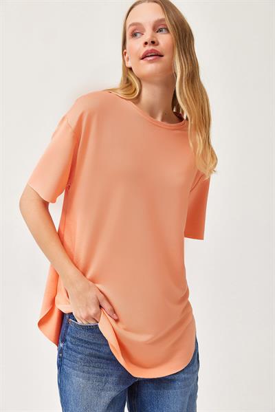 Oysh Yumuşak Dokulu Eteği Oval Modal Tshirt Yavruağzı