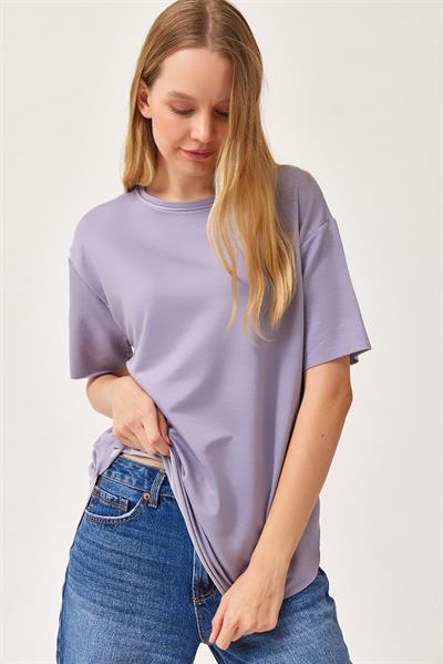 Oysh Yumuşak Dokulu Eteği Oval Modal Tshirt Lila