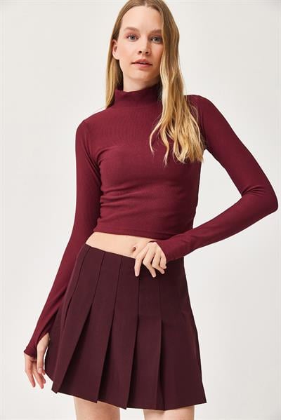 Parmak Geçme Detaylı  Esnek  Örme Bluz Bordo