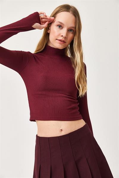 Parmak Geçme Detaylı  Esnek  Örme Bluz Bordo