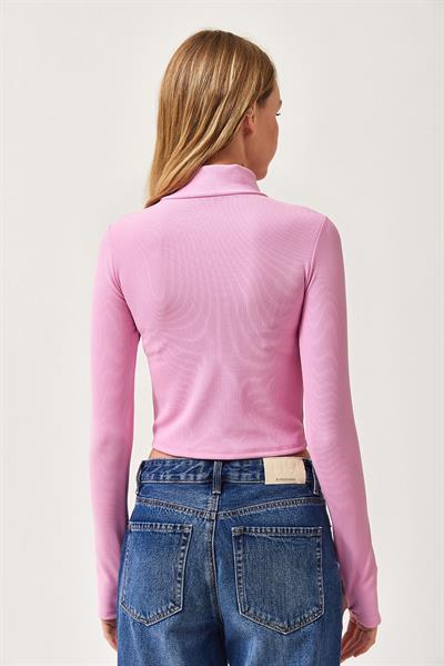 Parmak Geçme Detaylı  Esnek  Örme Bluz Pembe