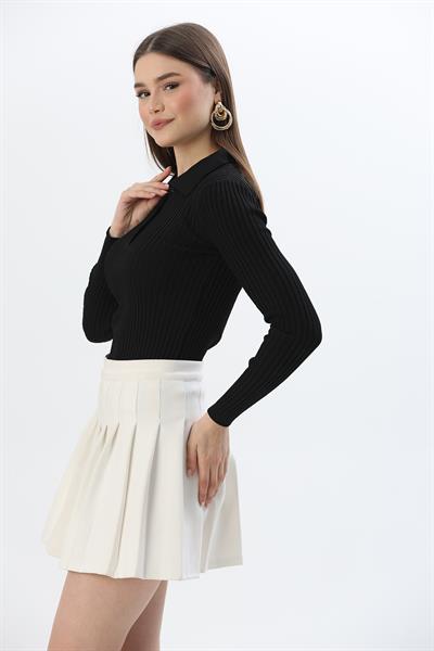 Polo Yaka Düğmeli Triko Bluz Siyah