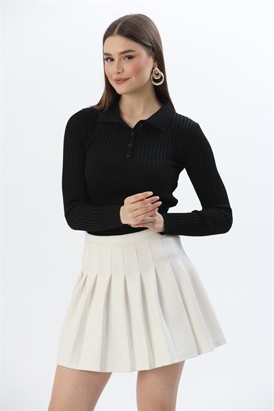 Polo Yaka Düğmeli Triko Bluz Siyah