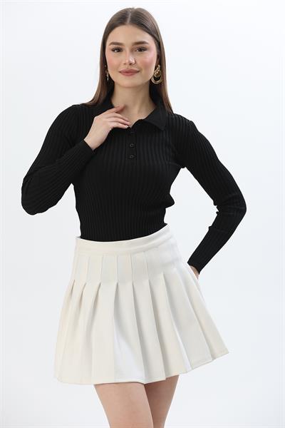 Polo Yaka Düğmeli Triko Bluz Siyah
