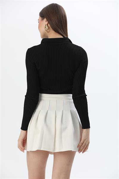 Polo Yaka Düğmeli Triko Bluz Siyah