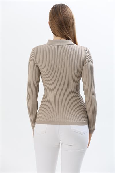 Polo Yaka Düğmeli Triko Bluz Taş Rengi