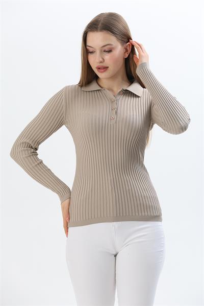 Polo Yaka Düğmeli Triko Bluz Taş Rengi