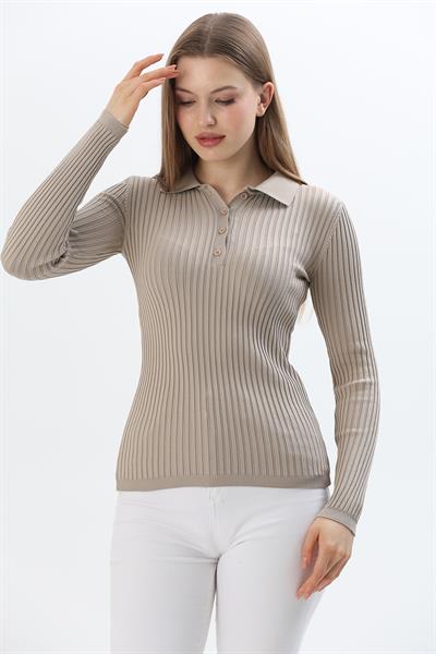 Polo Yaka Düğmeli Triko Bluz Taş Rengi