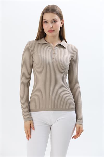 Polo Yaka Düğmeli Triko Bluz Taş Rengi