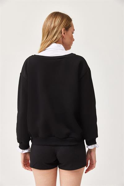 Şardonlu Oversize Gömlek Detaylı Sweatshirt Siyah