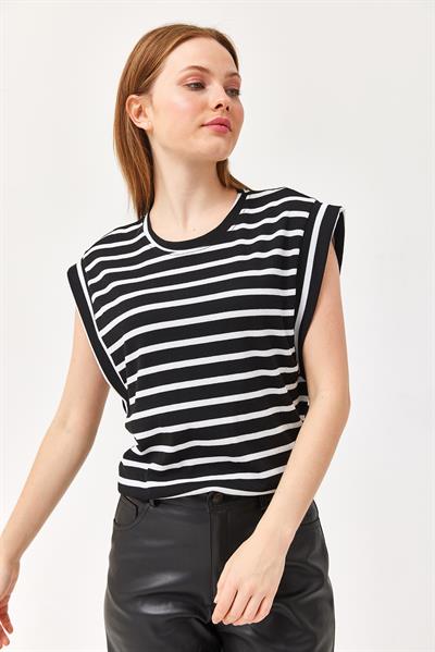 Sıfır Kol Çizgi Desenli T-Shirt Siyah