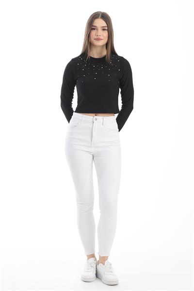 Taş Detaylı Bisiklet Yaka Bluz Siyah