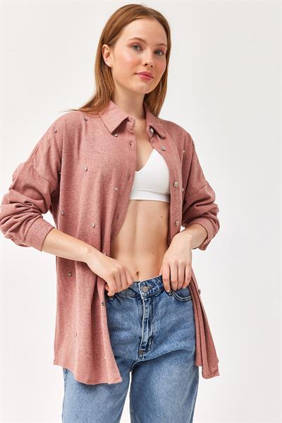 Tasarım Taş Detay Gömlek Gül Kurusu