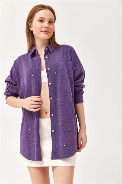 Tasarım Taş Detay Gömlek Mor