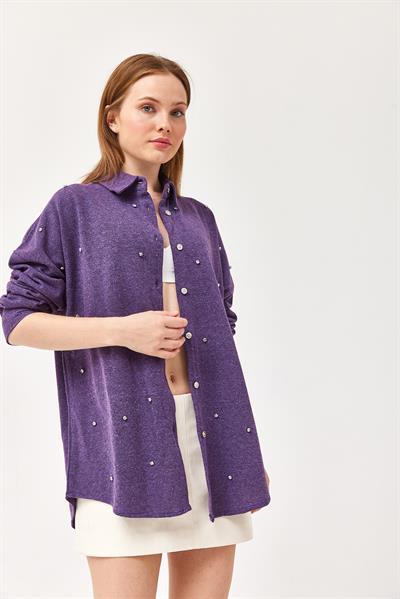 Tasarım Taş Detay Gömlek Mor