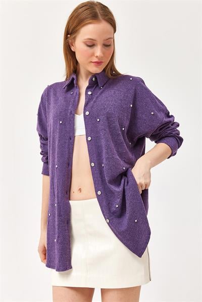 Tasarım Taş Detay Gömlek Mor