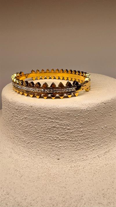 Taşlı Zımba Kelepçe Bileklik Gold