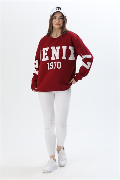 Üç İplik Baskılı Kapüşonlu Sweatshirt Bordo