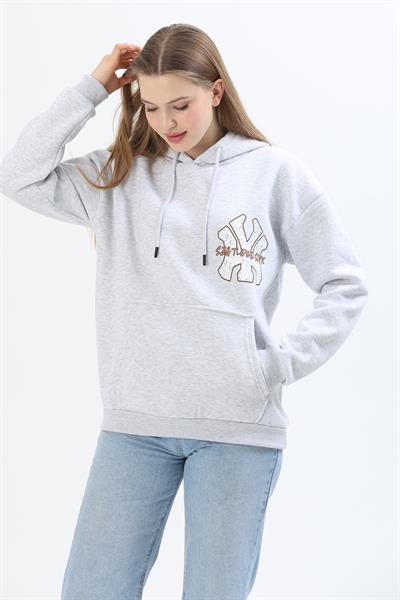 Üç İplik Baskılı Kapüşonlu Sweatshirt Gri