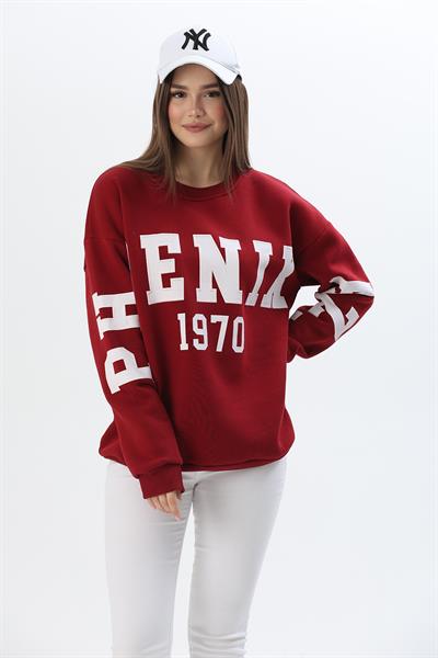 Üç İplik Baskılı Kapüşonlu Sweatshirt Bordo
