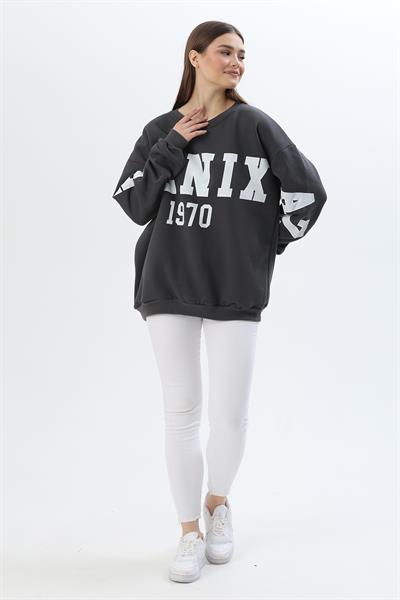 Üç İplik Baskılı Kapüşonlu Sweatshirt Füme