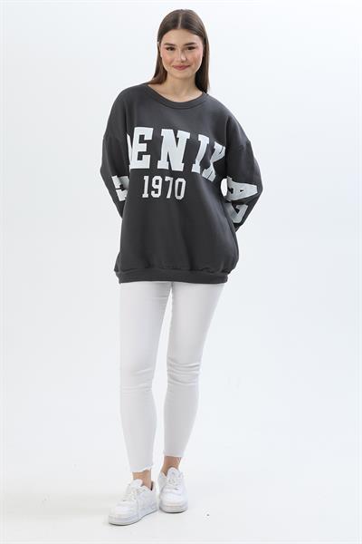 Üç İplik Baskılı Kapüşonlu Sweatshirt Füme