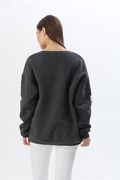 Üç İplik Baskılı Kapüşonlu Sweatshirt Füme