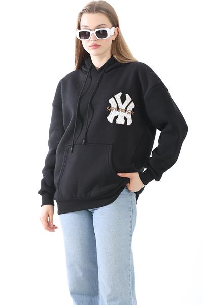 Üç İplik Baskılı Kapüşonlu Sweatshirt Siyah