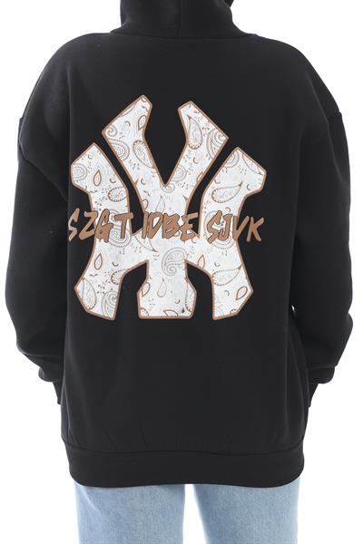 Üç İplik Baskılı Kapüşonlu Sweatshirt Siyah