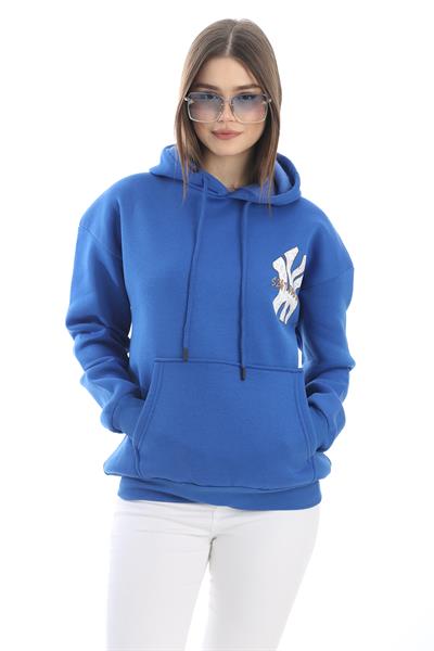 Üç İplik Baskılı Kapüşonlu Sweatshirt Mavi