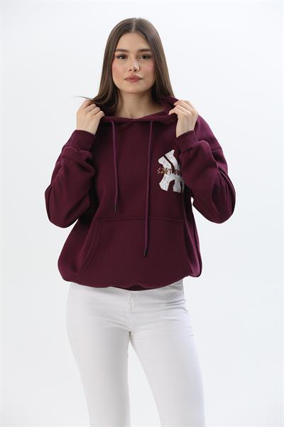 Üç İplik Baskılı Kapüşonlu Sweatshirt Bordo