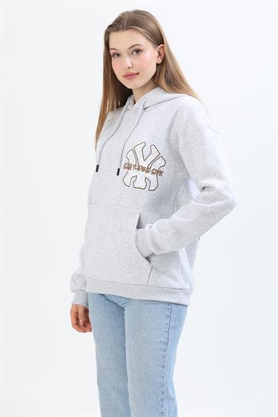 Üç İplik Baskılı Kapüşonlu Sweatshirt Gri