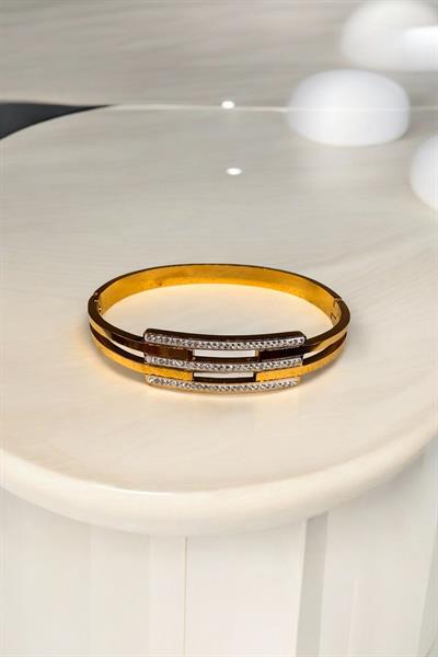 Üç Kemer Taşlı Kelepçe Bileklik Gold