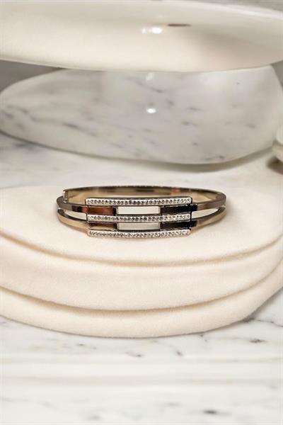 Üç Kemer Taşlı Kelepçe Bileklik Gümüş