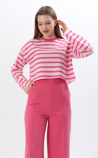 Üstü Crop Yüksek Bel İkili Takım Pembe