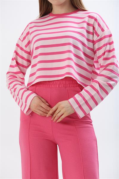 Üstü Crop Yüksek Bel İkili Takım Pembe