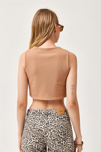 Vücuda Oturan Kısa Örme Yelek Vizon