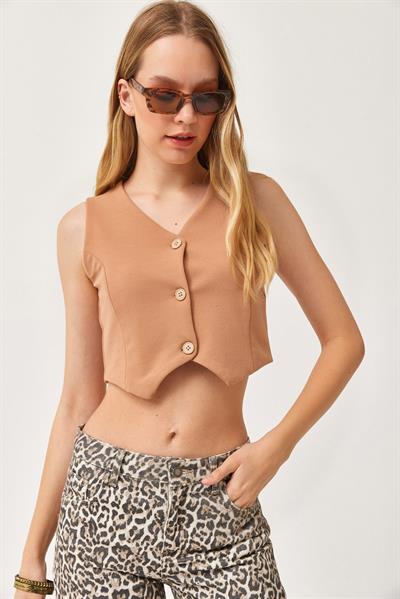 Vücuda Oturan Kısa Örme Yelek Vizon