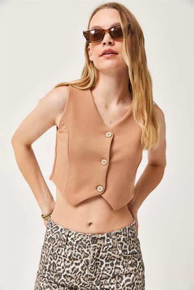 Vücuda Oturan Kısa Örme Yelek Vizon