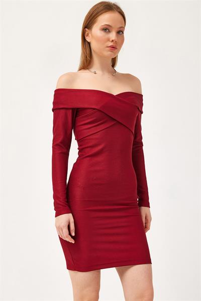 Yakası Çapraz Model Elbise Bordo