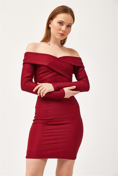 Yakası Çapraz Model Elbise Bordo