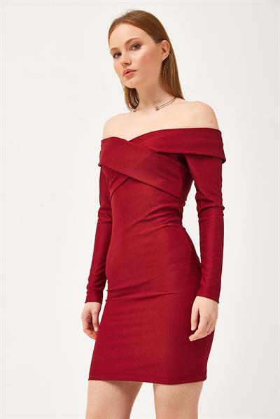 Yakası Çapraz Model Elbise Bordo